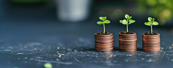 Growing plants on stacks of coins symbolize financial growth and sustainability. This captures essence of eco friendly investments and importance of nurturing both nature and finance