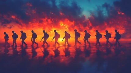 Fototapeta premium A powerful composition of soldier silhouettes from different time periods walking in unison, blending history and modernity, deep orange and blue sunset casting long shadows, moody atmosphere,