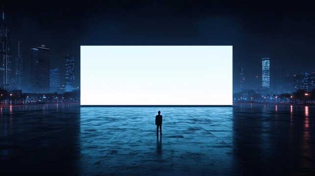 A solitary figure stands before a large blank screen in a futuristic cityscape.