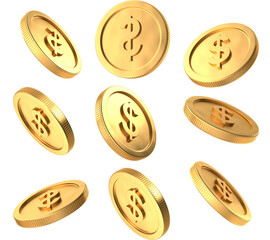 3D Render of Floating Golden Dollar Coins - Shiny Currency Symbol on Isolated Background