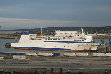 Passenger and cargo roro ferry Barfleur arrival into port of Le Havre, France from Newcastle,...
