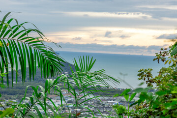 Panoramic nature background of the landscape with views of mountains, sea, trees and fishermen's...