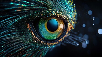 A close-up of an iridescent eye showcasing vibrant colors and intricate texture.
