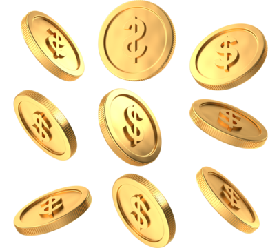 3D Render of Floating Golden Dollar Coins - Shiny Currency Symbol on Isolated Background