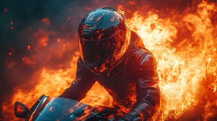 Rider Motorcycle with helmet burning background