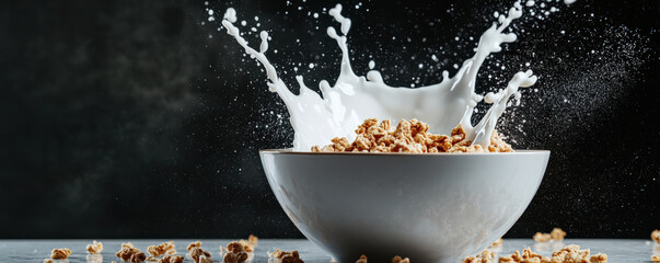 modern breakfast setup featuring bowl of granola with milk splashing dramatically. scene captures freshness and excitement of morning meal
