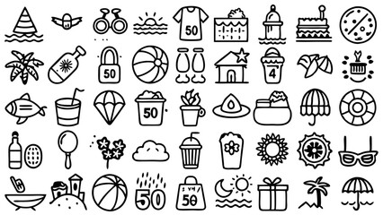 42 summer-themed illustrations, including tropical elements, beach accessories, and nautical motifs, ideal for enhancing creative seasonal designs and capturing the joy of sunny vacations