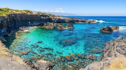 Volcanic cove, turquoise water, dramatic cliffs, sunny seascape