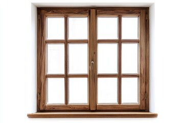 Obraz premium A rectangular wooden window with panes stands against a white wall