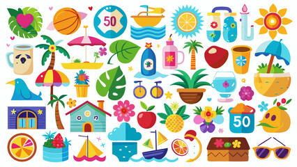A vibrant vector icon set showcasing a delightful blend of summer-themed illustrations, featuring tropical fruits, beach accessories, and vacation essentials, perfect for adding a lively and cheerful 