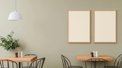 Modern cafe interior with empty frames, tables, and plants creating a cozy ambiance.