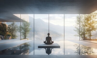 Solitary Person Meditating in Minimalist Room with Large Windows, Emphasizing Isolation and Tranquility, Generative AI