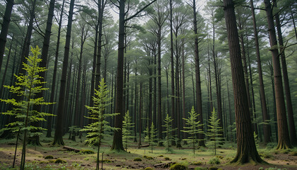 The forest has young trees, big trees, and wide and tall forests.