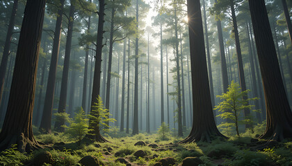 Obraz premium The forest has young trees, big trees, and wide and tall forests.