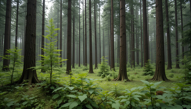 The forest has young trees, big trees, and wide and tall forests.