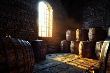 Old brick cellar filled with wooden barrels bathed in light from arched window.