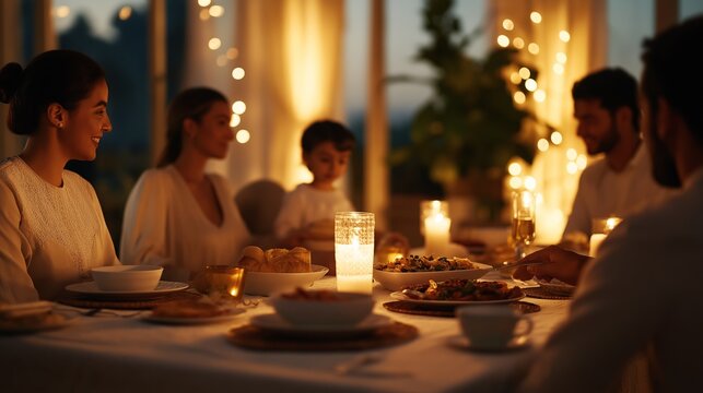 Family gathering at dinner with warm lighting and delicious food during evening