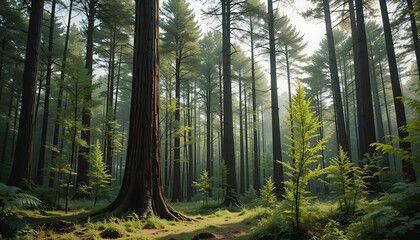 The forest has young trees, big trees, and wide and tall forests.