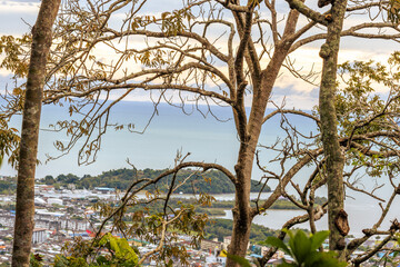 Panoramic nature background of the landscape with views of mountains, sea, trees and fishermen's houses. The beauty of the forest during the seasonal tourism season.