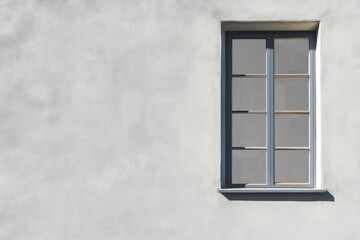 Blue framed window set into textured white stucco wall