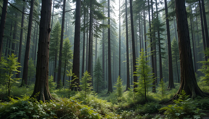 Fototapeta premium The forest has young trees, big trees, and wide and tall forests.