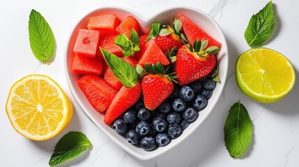 Naklejka premium Heart Shaped Bowl Of Fresh Summer Fruit Salad