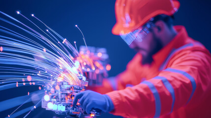 Innovative mechanic working with fiber optic cables in vibrant setting