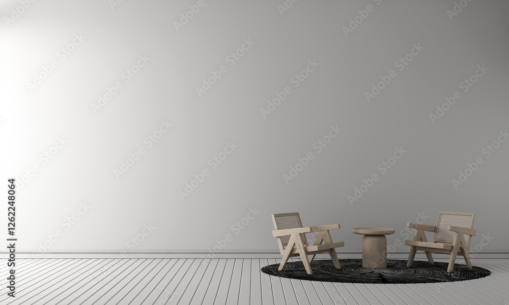 Canvas Prints Home and decor and modern minimal white living room interior design and wooden arm chairs and concrete wall background. 3D rendering.