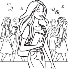 A girl is walking, books in hand, smiling face art line silhouettes vector style with white background