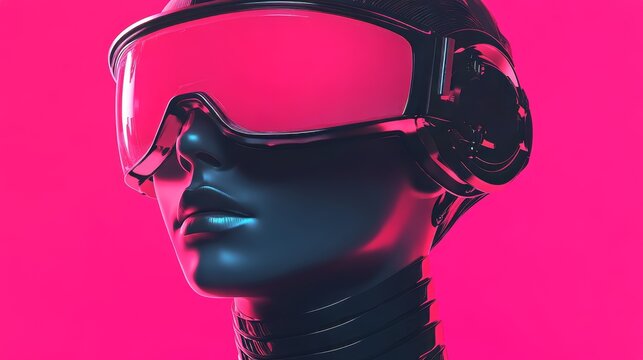 Futuristic chrome cyborg with pink visor against vibrant backdrop - Powered by Adobe