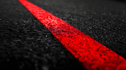 close up view of vibrant red line on wet asphalt surface, showcasing texture and detail. contrast between red and dark background creates striking visual effect