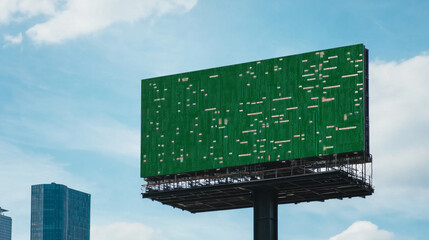 Large digital billboard against blue sky with clouds, showcasing green display
