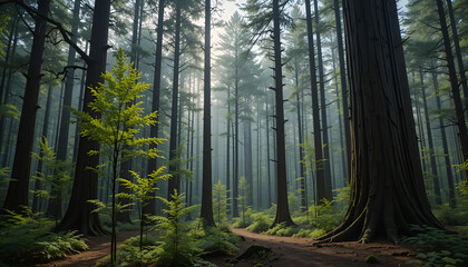 Obraz premium The forest has young trees, big trees, and wide and tall forests.