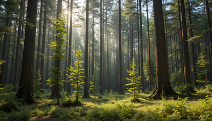 Obraz premium The forest has young trees, big trees, and wide and tall forests.