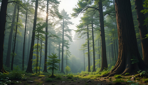 The forest has young trees, big trees, and wide and tall forests.