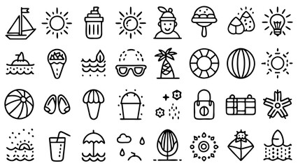 Fototapeta premium A dynamic vector icon set showcasing 36 vibrant summer-themed designs, including beach balls, suns, palm trees, and nautical elements, perfect for adding a splash of sunny joy to creative projects