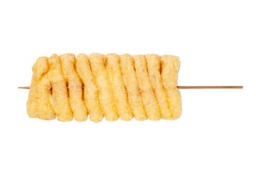 Deep fried tofu with bamboo stick isolated on white background, Chinese traditional snacks