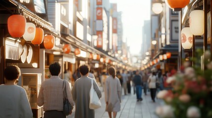 Busy street filled with people enjoying a vibrant marketplace during late afternoon