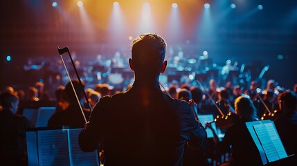 Conductor's back is silhouetted against a brightly lit orchestra.  The scene is full of dramatic energy.