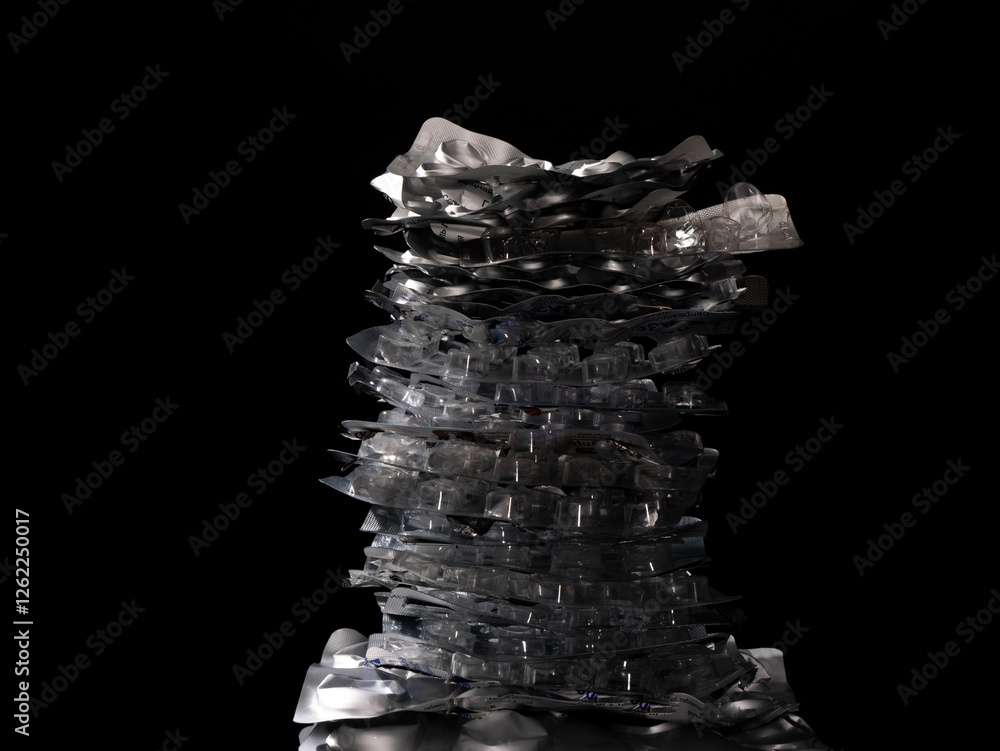 Poster a stack of plastic containers with a clear liquid inside