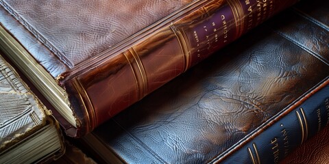 Close-up of antique leather-bound books with textured covers and worn spines, symbolizing knowledge, history, and timeless literature