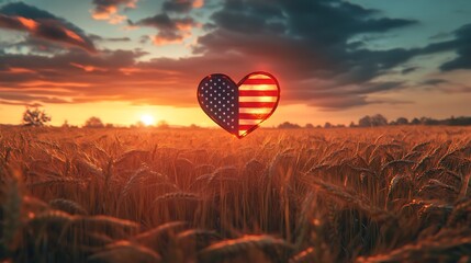 A surreal depiction of a glowing heart-shaped American flag floating over a golden wheat field at sunset, soft mist rising, warm nostalgic glow, hyperrealistic lighting, breathtaking depth,
