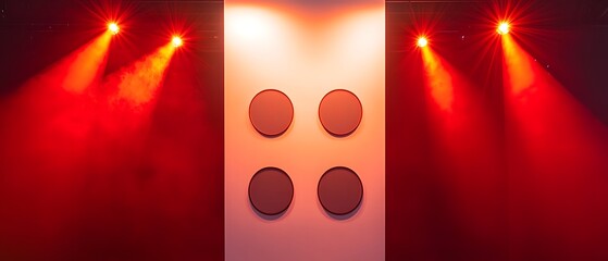 A towering rectangular white wall illuminated by seven fiery red spotlights, showcasing four circular blank frames evenly spaced.