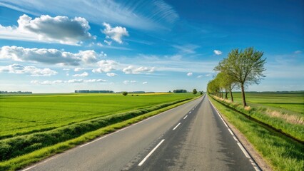 Fototapeta premium Serene Wide Road through Lush Green Fields Under a Clear Blue Sky - Scenic Landscape, Tranquil Journey, Nature's Beauty, Road Trip Inspiration, Travel Destination, Open Space
