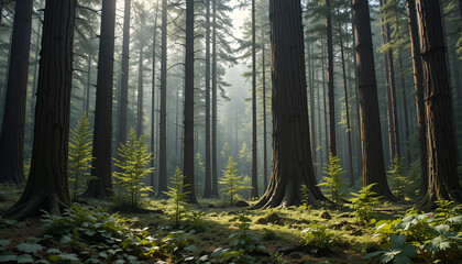 Obraz premium The forest has young trees, big trees, and wide and tall forests.