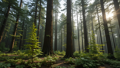 The forest has young trees, big trees, and wide and tall forests.