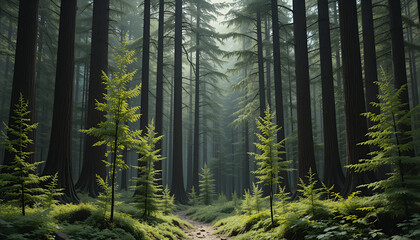 Obraz premium The forest has young trees, big trees, and wide and tall forests.