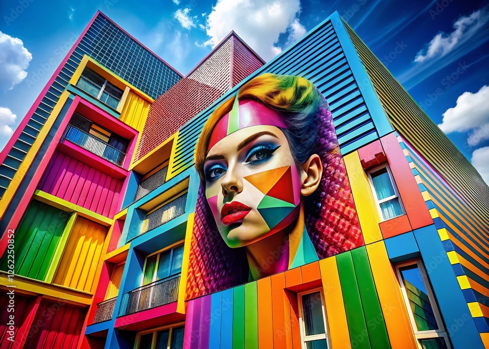 Poster bold pop art characters in abstract geometric pattern background - stock photo