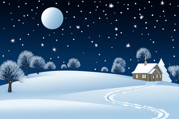 Naklejka premium Snowy winter landscape with moonlit trees, a winding path, and cozy cabin in the distance, evoking serenity and calm under a crisp, star filled sky
