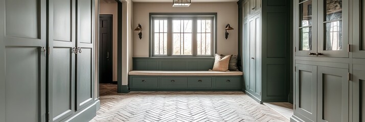Elegant Green Hallway With Built In Seating And Storage
